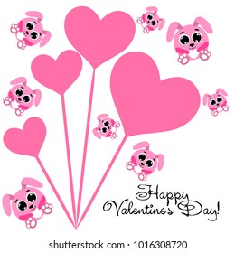 Greeting card day of St. Valentine. Abstract design, pink hare, love, hearts, gifts, vector.