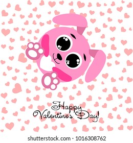 Greeting card day of St. Valentine. Abstract design, pink hare, love, hearts, gifts, vector.