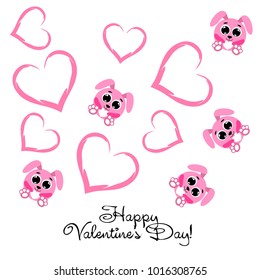 Greeting card day of St. Valentine. Abstract design, pink hare, love, hearts, gifts, vector.