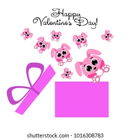 Greeting card day of St. Valentine. Abstract design, pink hare, love, hearts, gifts, vector.