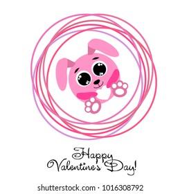Greeting card day of St. Valentine. Abstract design, pink hare, love, hearts, gifts, vector.