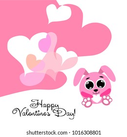 Greeting card day of St. Valentine. Abstract design, pink hare, love, hearts, gifts, vector.