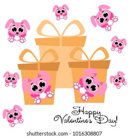 Greeting card day of St. Valentine. Abstract design, pink hare, love, hearts, gifts, vector.