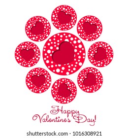 Greeting card day of St. Valentine. Abstract design, hearts with pea prints, gifts, vector.