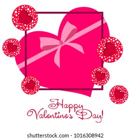 Greeting card day of St. Valentine. Abstract design, hearts with pea prints, gifts, vector.