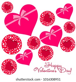 Greeting card day of St. Valentine. Abstract design, hearts with pea prints, gifts, vector.