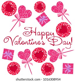 Greeting card day of St. Valentine. Abstract design, hearts with pea prints, gifts, vector.