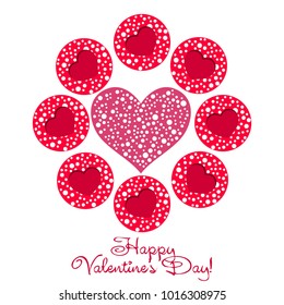 Greeting card day of St. Valentine. Abstract design, hearts with pea prints, gifts, vector.