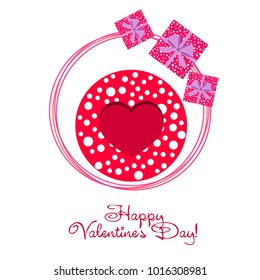 Greeting card day of St. Valentine. Abstract design, hearts with pea prints, gifts, vector.
