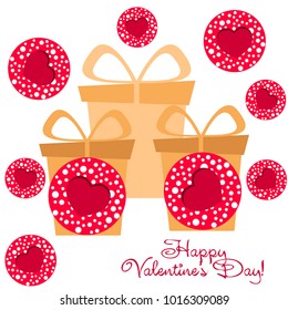 Greeting card day of St. Valentine. Abstract design, hearts with pea prints, gifts, vector.