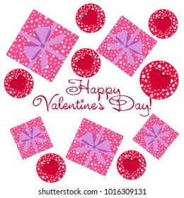Greeting card day of St. Valentine. Abstract design, hearts with pea prints, gifts, vector.