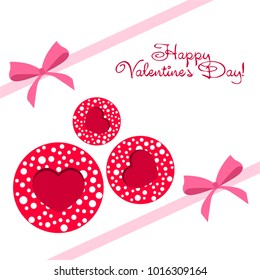 Greeting card day of St. Valentine. Abstract design, hearts with pea prints, gifts, vector.