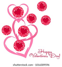 Greeting card day of St. Valentine. Abstract design, hearts with pea prints, gifts, vector.