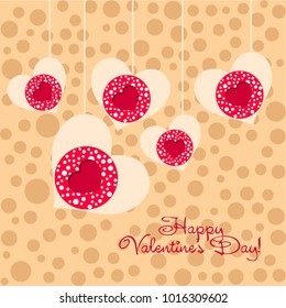 Greeting card day of St. Valentine. Abstract design, hearts with pea prints, gifts, vector.