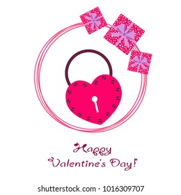 Greeting card day of St. Valentine. Abstract design, hearts in lock style, gifts, vector.