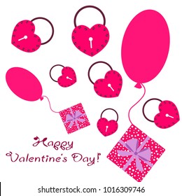 Greeting card day of St. Valentine. Abstract design, hearts in lock style, gifts, vector.