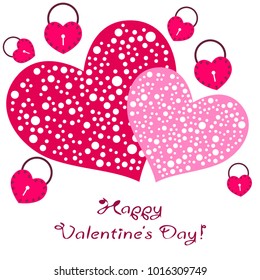 Greeting card day of St. Valentine. Abstract design, hearts in lock style, gifts, vector.