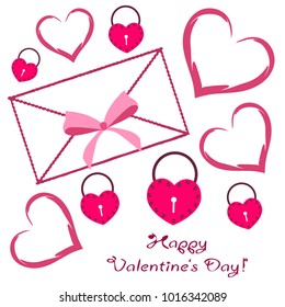 Greeting card day of St. Valentine. Abstract design, hearts in lock style, gifts, vector.