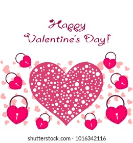 Greeting card day of St. Valentine. Abstract design, hearts in lock style, gifts, vector.