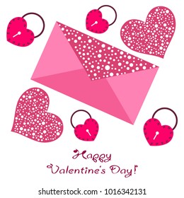 Greeting card day of St. Valentine. Abstract design, hearts in lock style, gifts, vector.