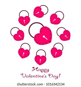 Greeting card day of St. Valentine. Abstract design, hearts in lock style, gifts, vector.