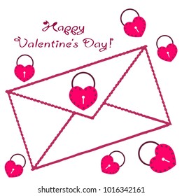 Greeting card day of St. Valentine. Abstract design, hearts in lock style, gifts, vector.