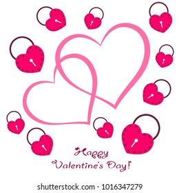 Greeting card day of St. Valentine. Abstract design, hearts in lock style, gifts, vector.