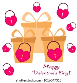 Greeting card day of St. Valentine. Abstract design, hearts in lock style, gifts, vector.