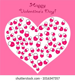 Greeting card day of St. Valentine. Abstract design, hearts in lock style, gifts, vector.