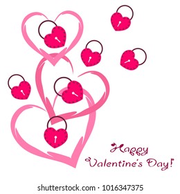 Greeting card day of St. Valentine. Abstract design, hearts in lock style, gifts, vector.