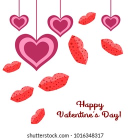 Greeting card day of St. Valentine. Abstract design, lips with print in polka dots, hearts, gifts, vector.