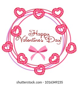 Greeting card day of St. Valentine. Abstract design, donuts in the form of heart, hearts, gifts, vector.