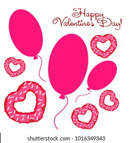 Greeting card day of St. Valentine. Abstract design, donuts in the form of heart, hearts, gifts, vector.