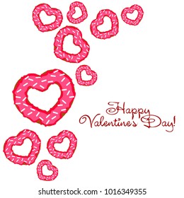 Greeting card day of St. Valentine. Abstract design, donuts in the form of heart, hearts, gifts, vector.