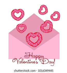 Greeting card day of St. Valentine. Abstract design, donuts in the form of heart, hearts, gifts, vector.