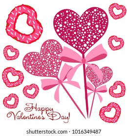 Greeting card day of St. Valentine. Abstract design, donuts in the form of heart, hearts, gifts, vector.