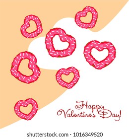 Greeting card day of St. Valentine. Abstract design, donuts in the form of heart, hearts, gifts, vector.