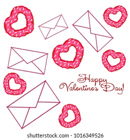 Greeting card day of St. Valentine. Abstract design, donuts in the form of heart, hearts, gifts, vector.
