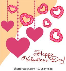 Greeting card day of St. Valentine. Abstract design, donuts in the form of heart, hearts, gifts, vector.