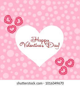 Greeting card day of St. Valentine. Abstract design, donuts in the form of heart, hearts, gifts, vector.
