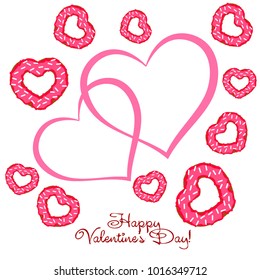 Greeting card day of St. Valentine. Abstract design, donuts in the form of heart, hearts, gifts, vector.