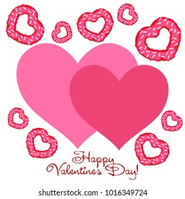 Greeting card day of St. Valentine. Abstract design, donuts in the form of heart, hearts, gifts, vector.