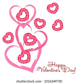 Greeting card day of St. Valentine. Abstract design, donuts in the form of heart, hearts, gifts, vector.