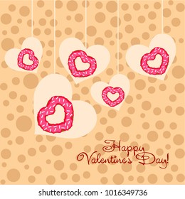 Greeting card day of St. Valentine. Abstract design, donuts in the form of heart, hearts, gifts, vector.
