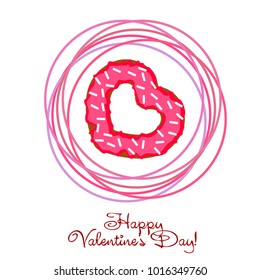 Greeting card day of St. Valentine. Abstract design, donuts in the form of heart, hearts, gifts, vector.