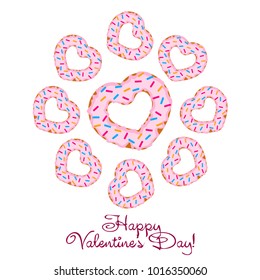 Greeting card day of St. Valentine. Abstract design, donuts in the form of heart, hearts, gifts, vector.