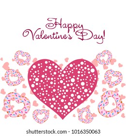 Greeting card day of St. Valentine. Abstract design, donuts in the form of heart, hearts, gifts, vector.