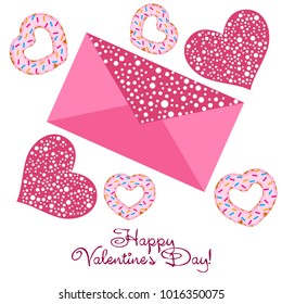Greeting card day of St. Valentine. Abstract design, donuts in the form of heart, hearts, gifts, vector.
