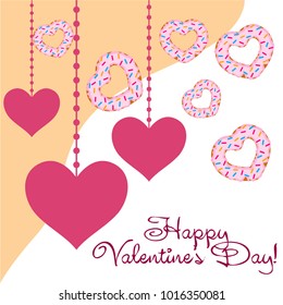 Greeting card day of St. Valentine. Abstract design, donuts in the form of heart, hearts, gifts, vector.