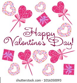 Greeting card day of St. Valentine. Abstract design, donuts in the form of heart, hearts, gifts, vector.